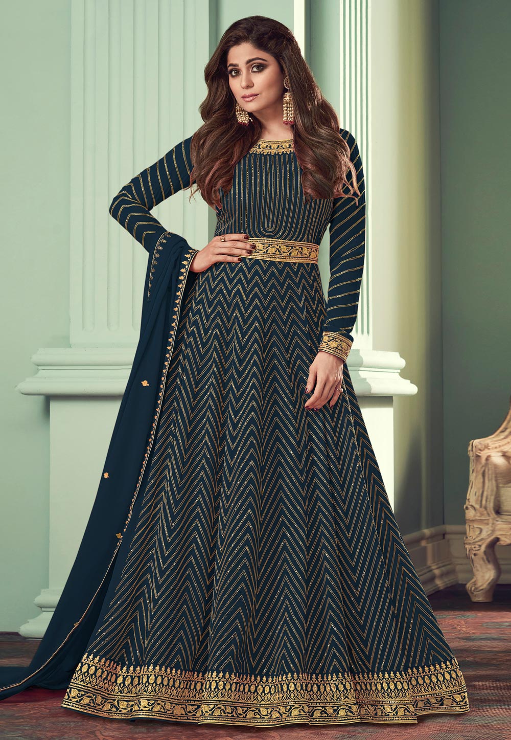 Shamita Shetty Navy Blue Georgette Abaya Style Anarkali Suit 238343