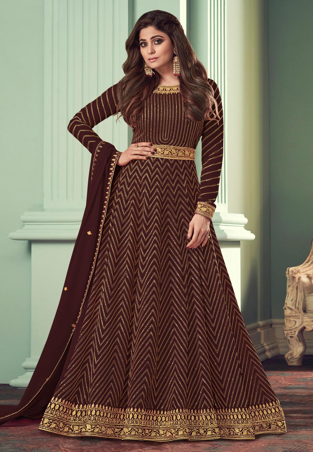 Shamita Shetty Brown Georgette Abaya Style Anarkali Suit 238345