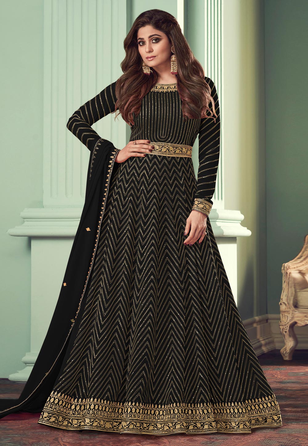 Shamita Shetty Black Georgette Abaya Style Anarkali Suit 238347