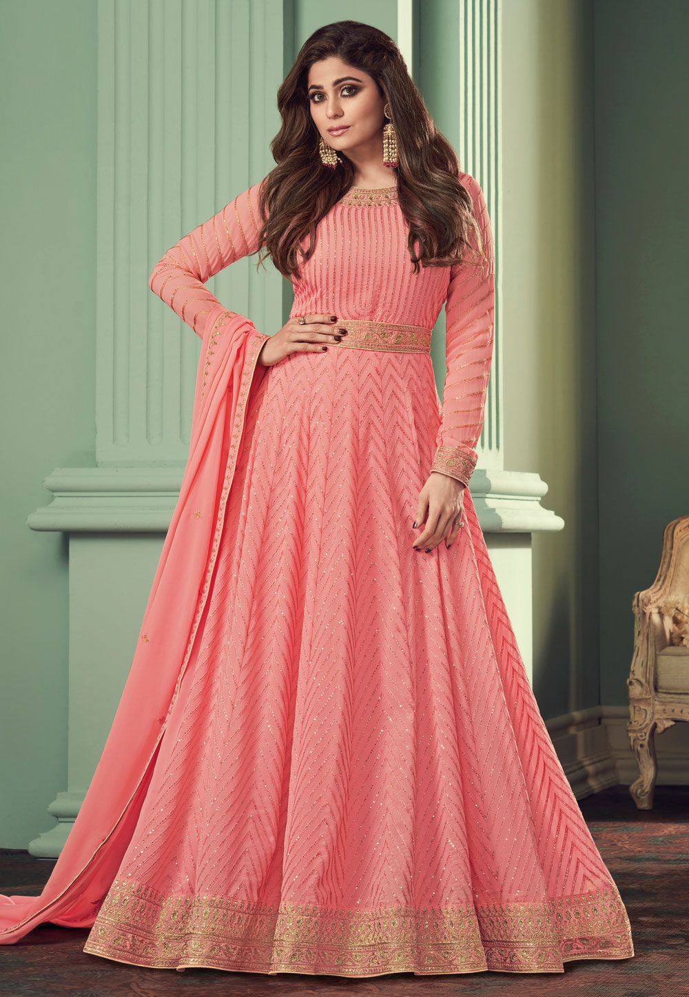 Shamita Shetty Pink Georgette Abaya Style Anarkali Suit 233570