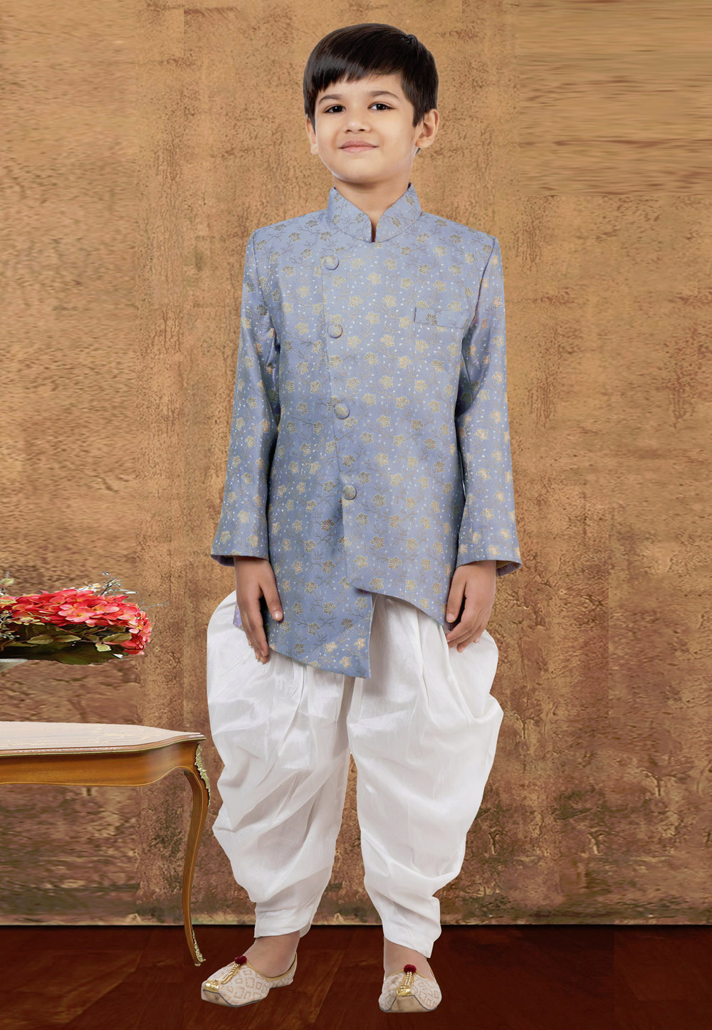 Grey Jacquard Silk Kids Indo Western Suit 265229