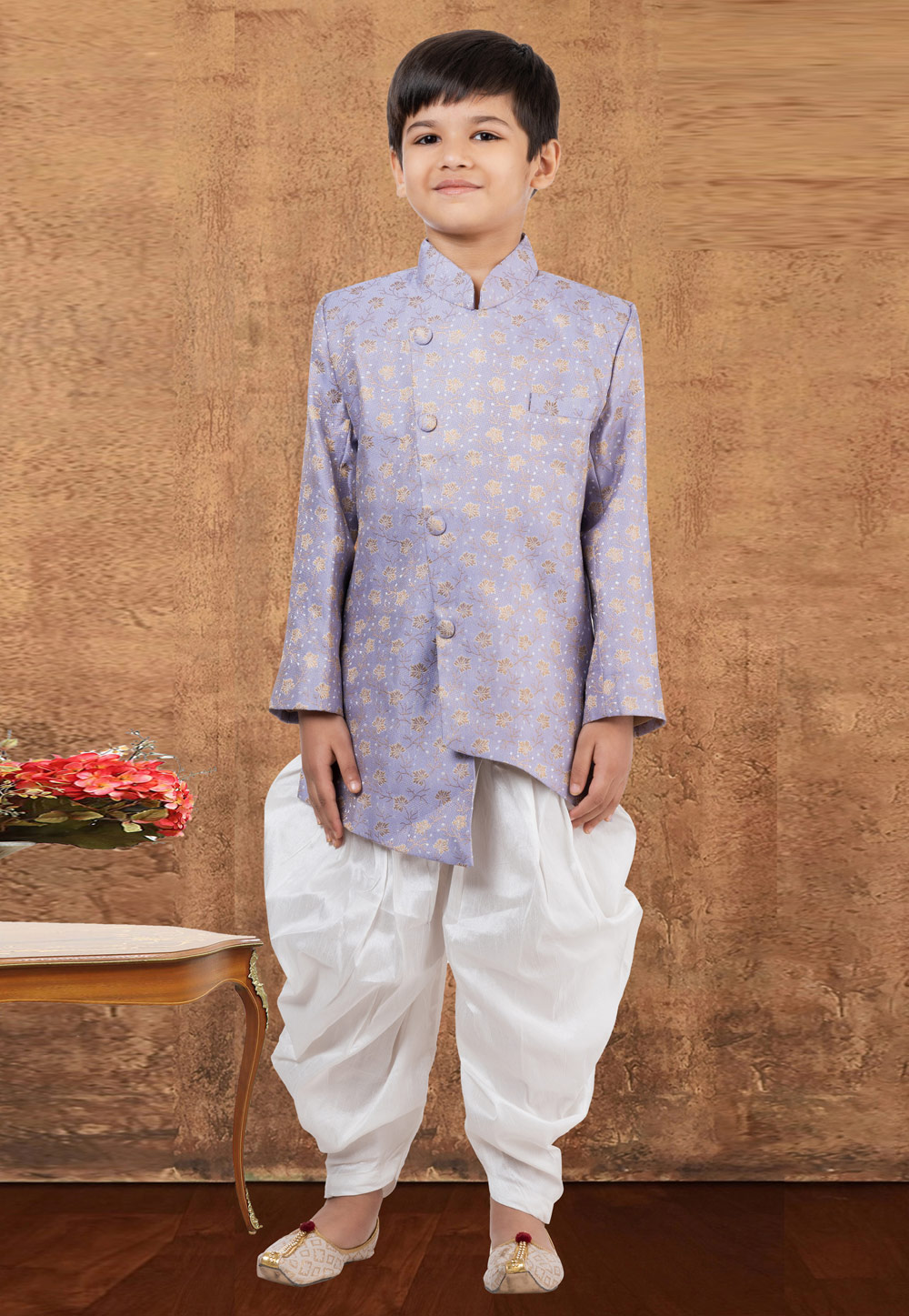 Lavender Jacquard Silk Kids Indo Western Suit 265229