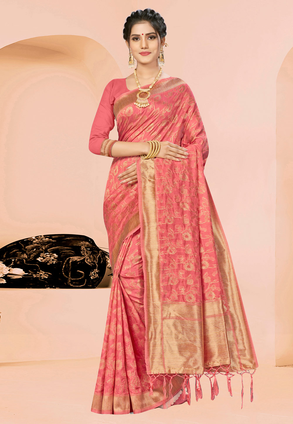 Pink Banarasi Silk Saree With Blouse 220543