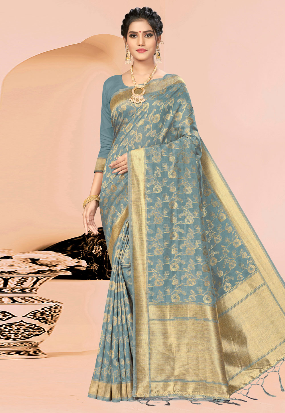 Grey Banarasi Silk Saree With Blouse 220544