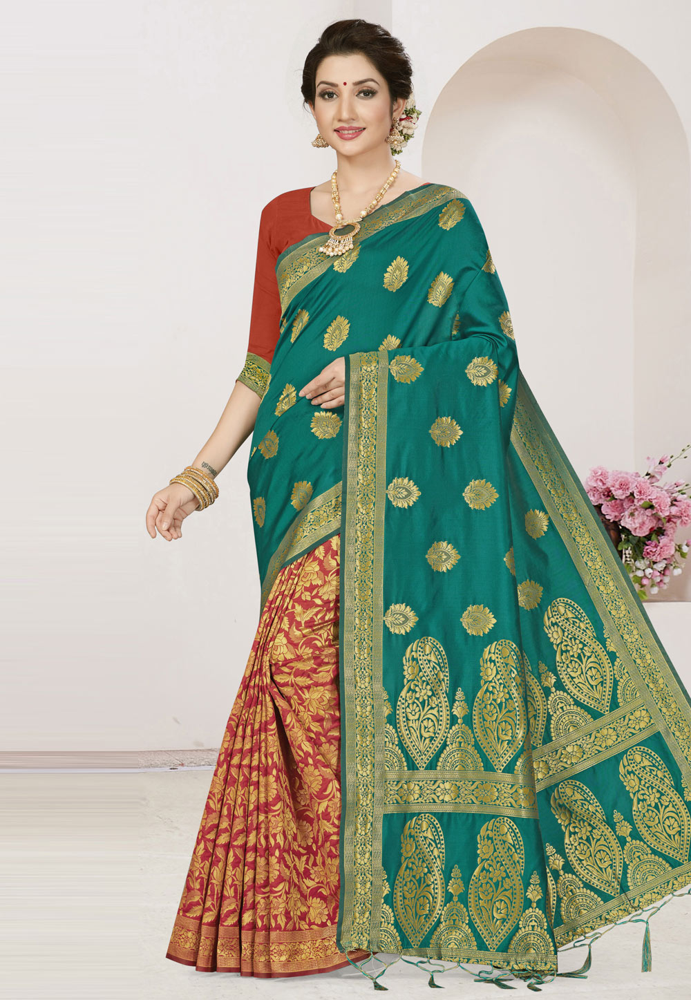 Teal Banarasi Silk Half and Half Saree 220081