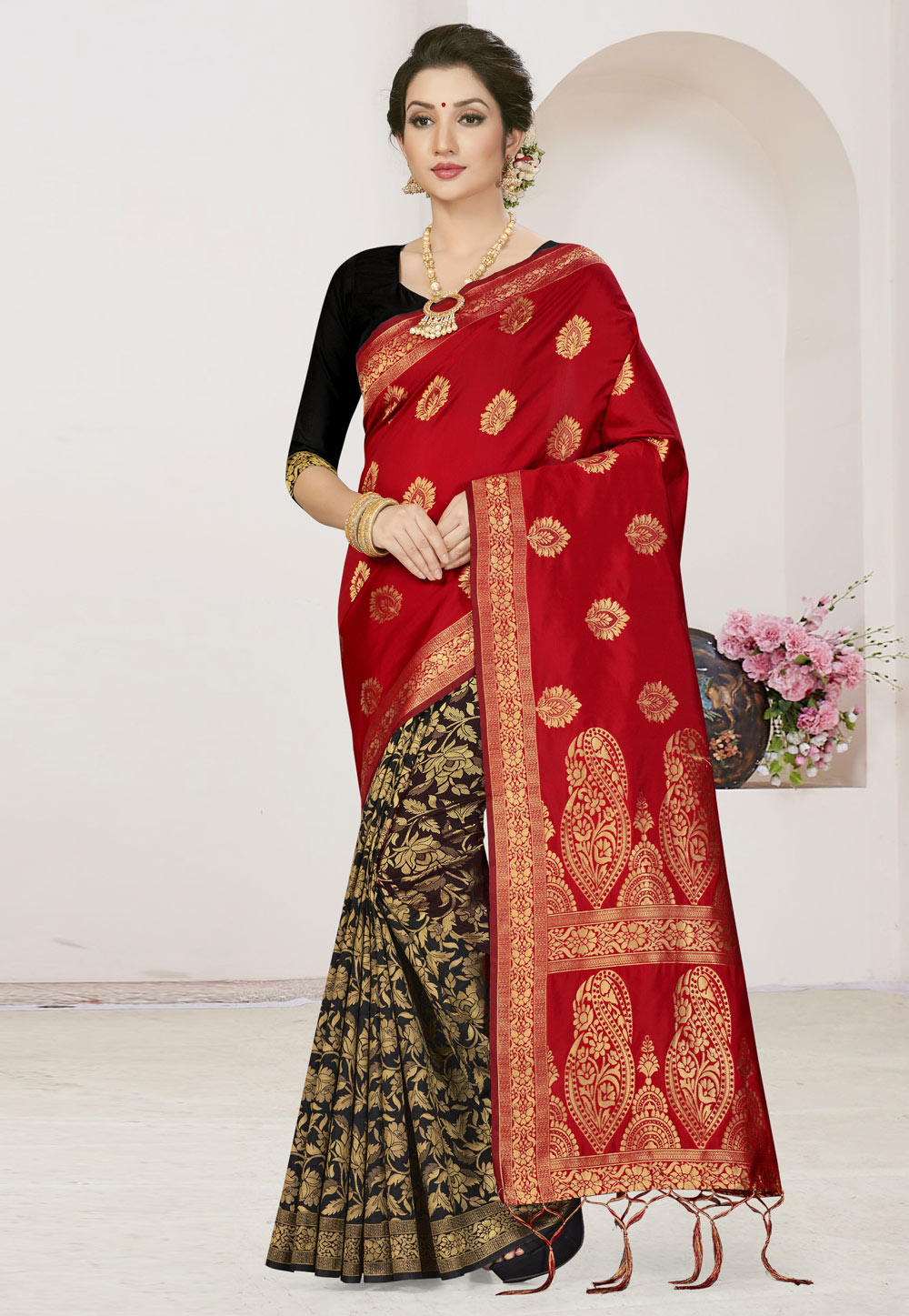Red Banarasi Silk Half and Half Saree 220082