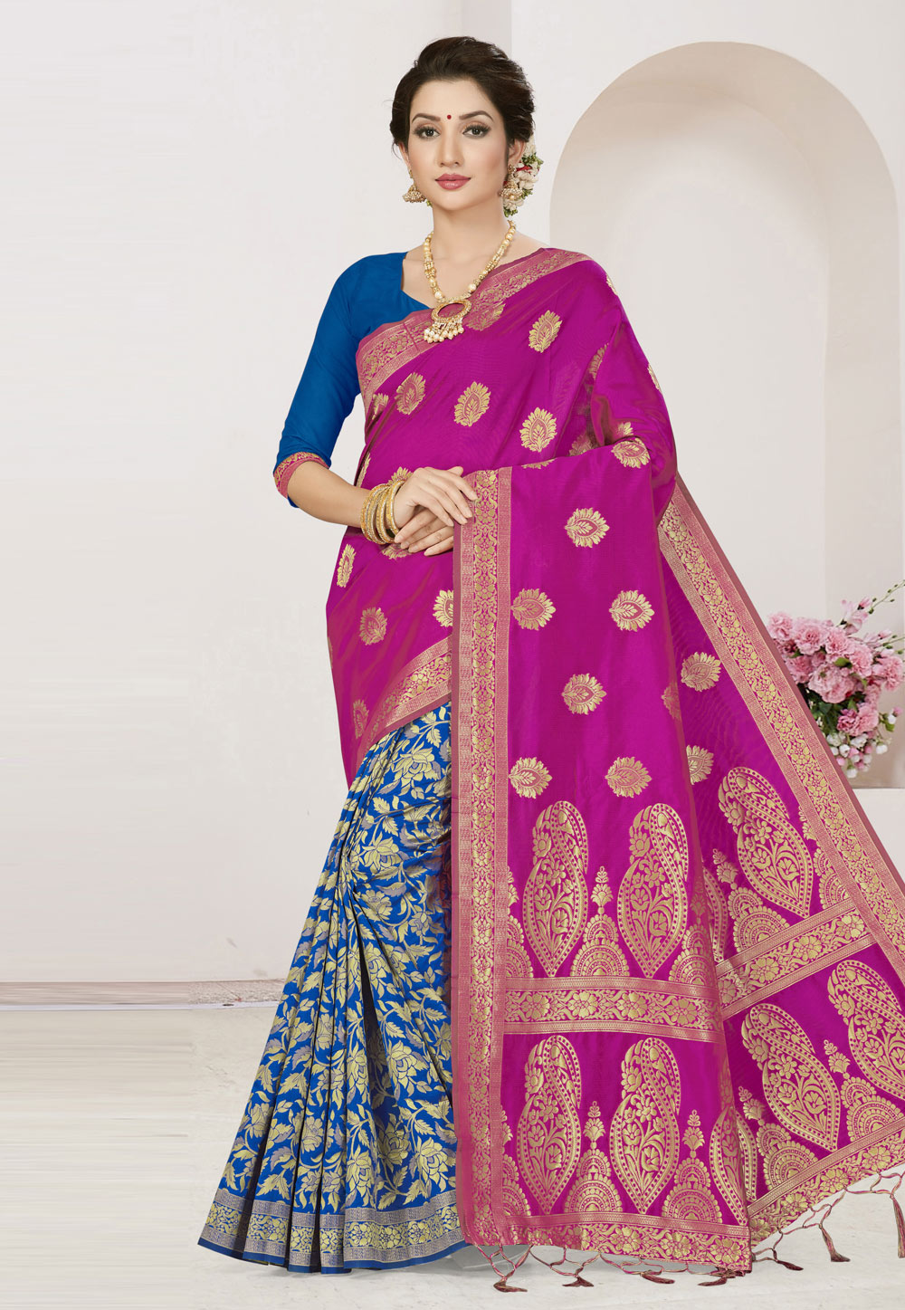Magenta Banarasi Silk Half and Half Saree 220083