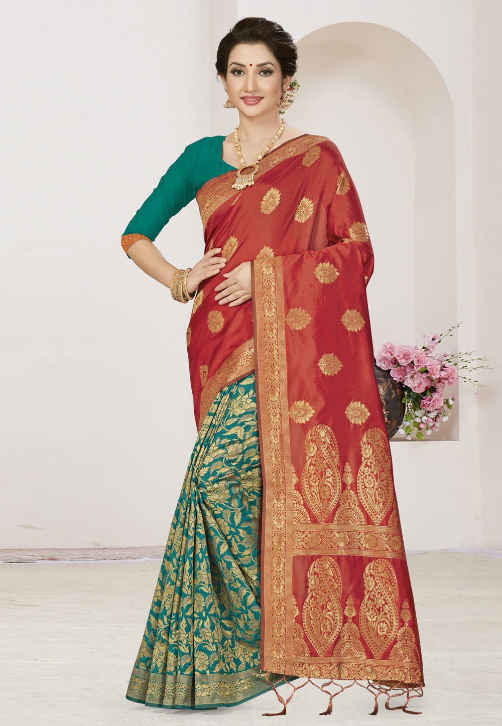 Red Banarasi Silk Half and Half Saree 220084
