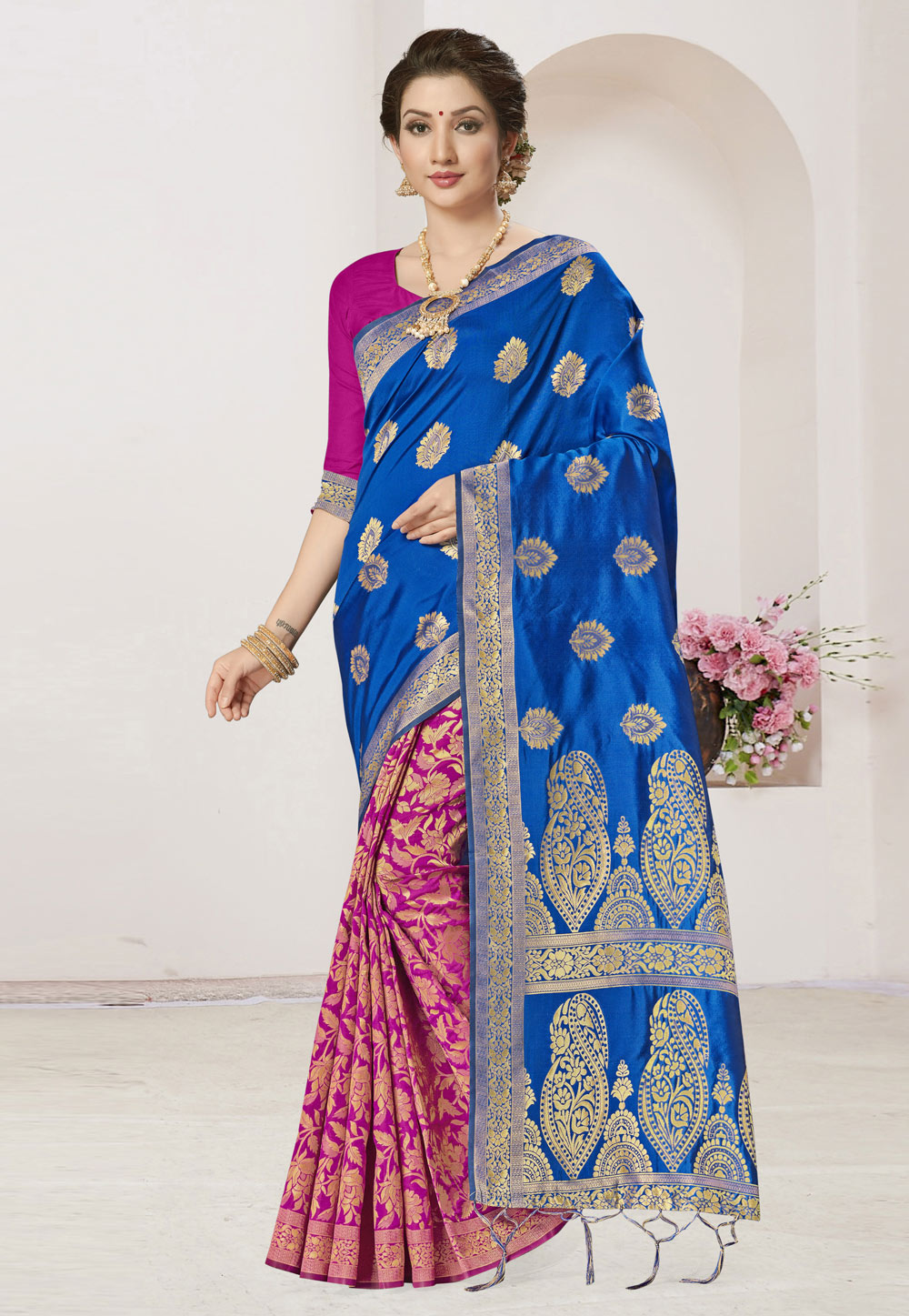 Blue Banarasi Silk Half and Half Saree 220085