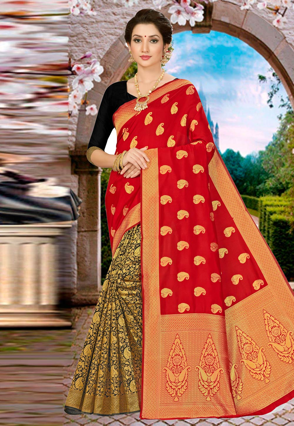 Red Banarasi Silk Half and Half Saree 220086