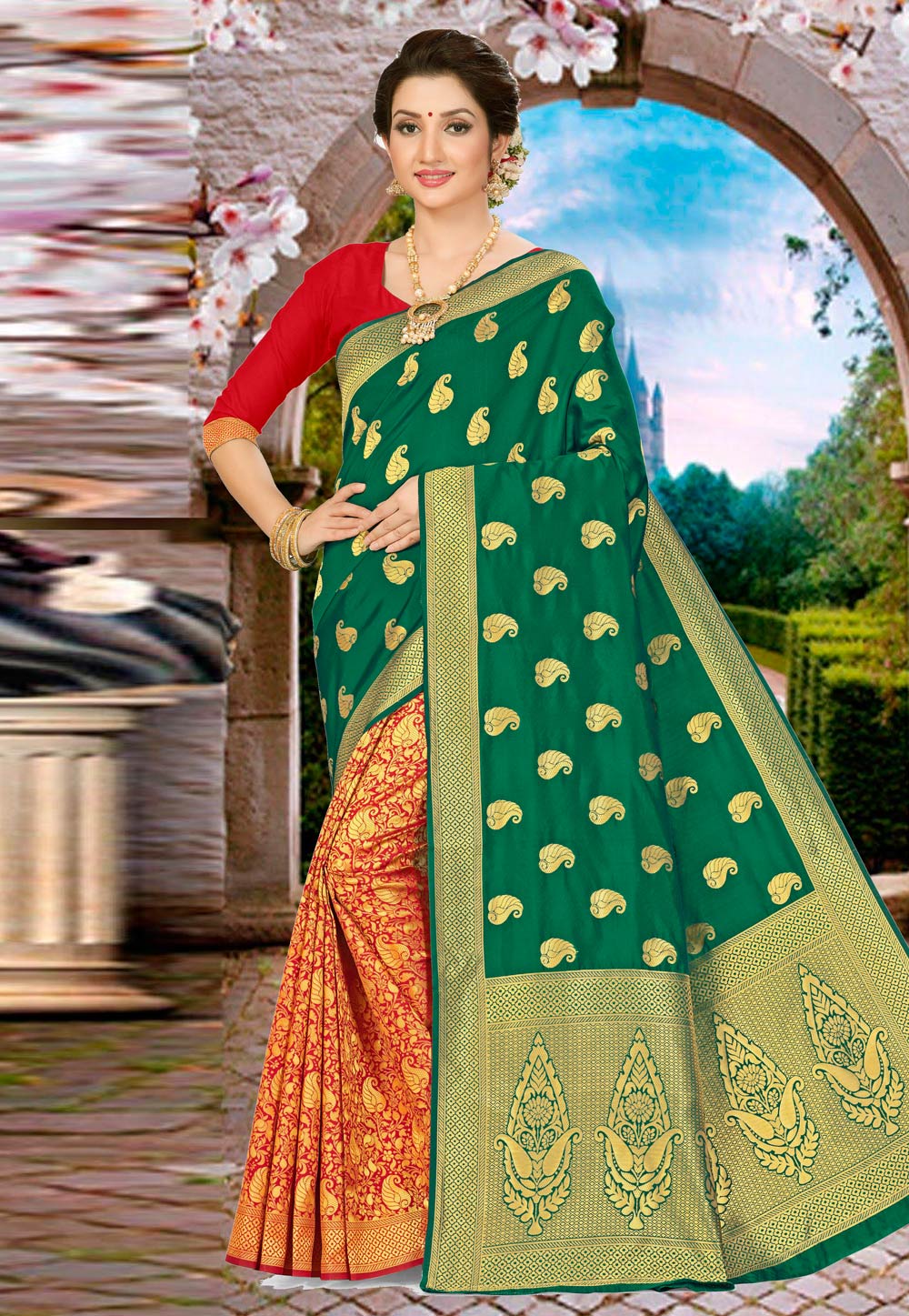 Green Banarasi Silk Half and Half Saree 220087
