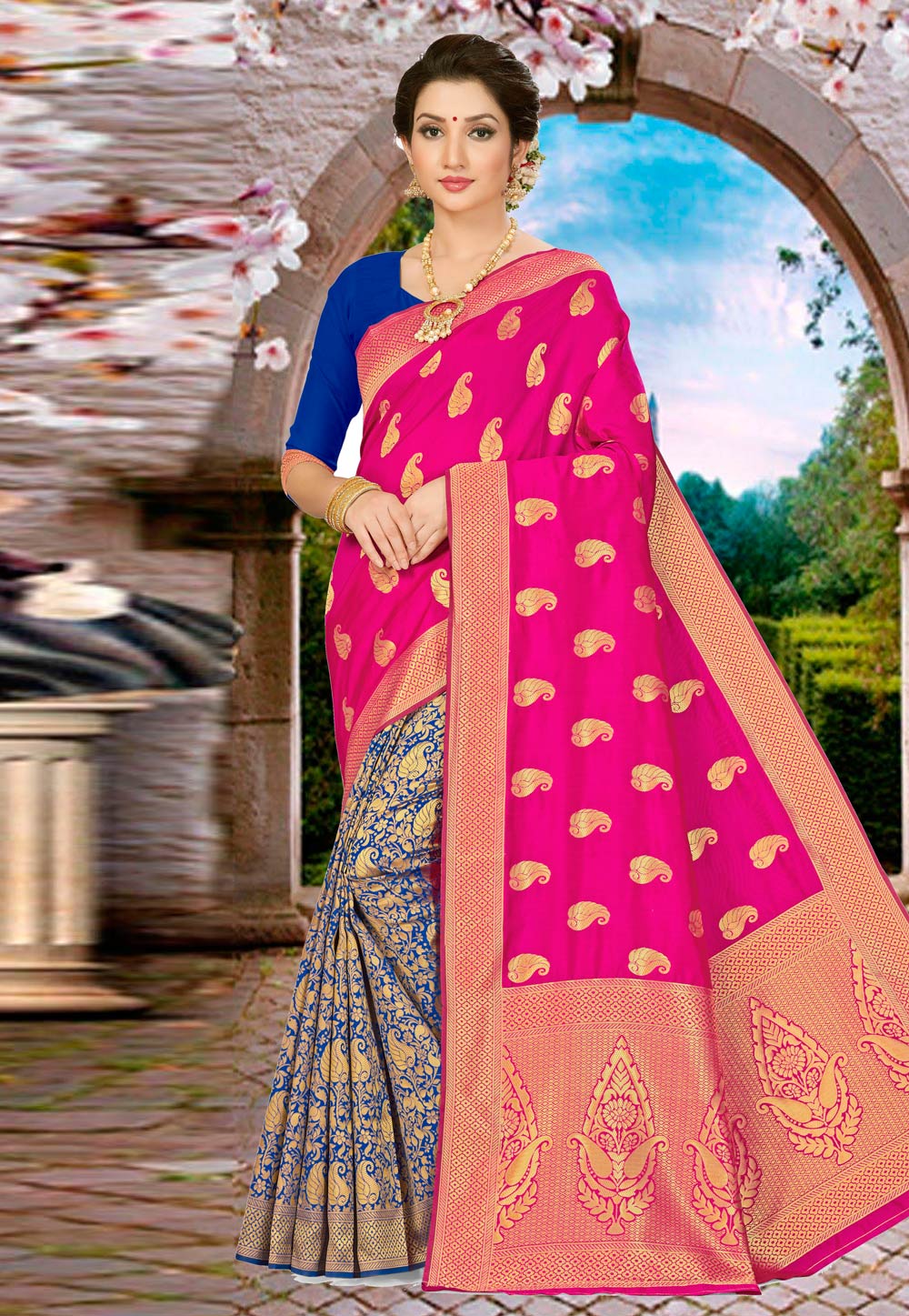 Magenta Banarasi Silk Half and Half Saree 220088