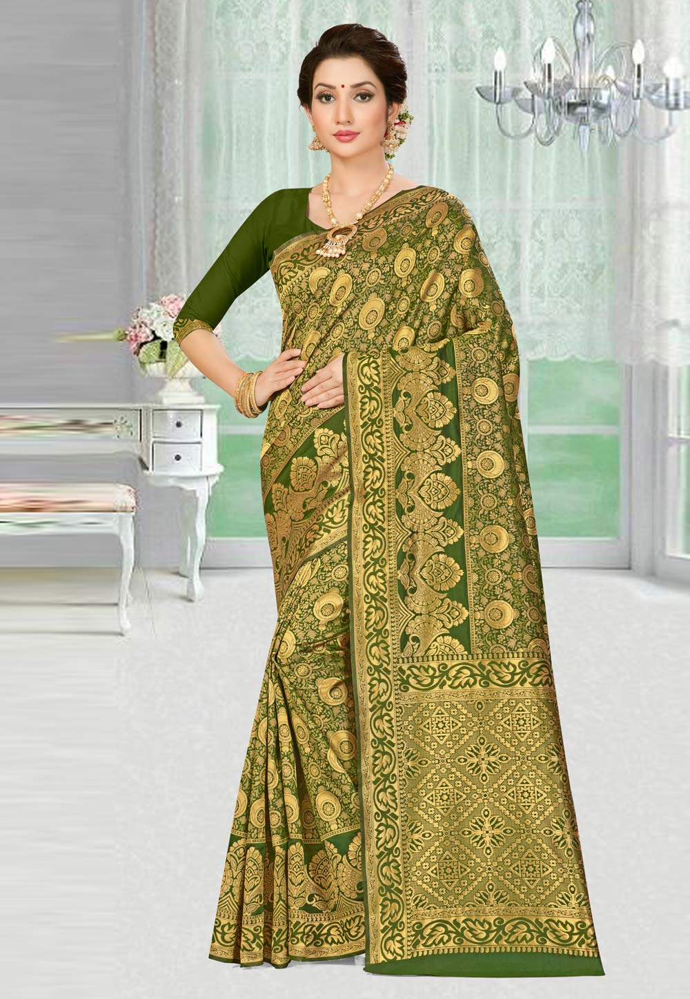 Green Banarasi Silk Saree With Blouse 220114