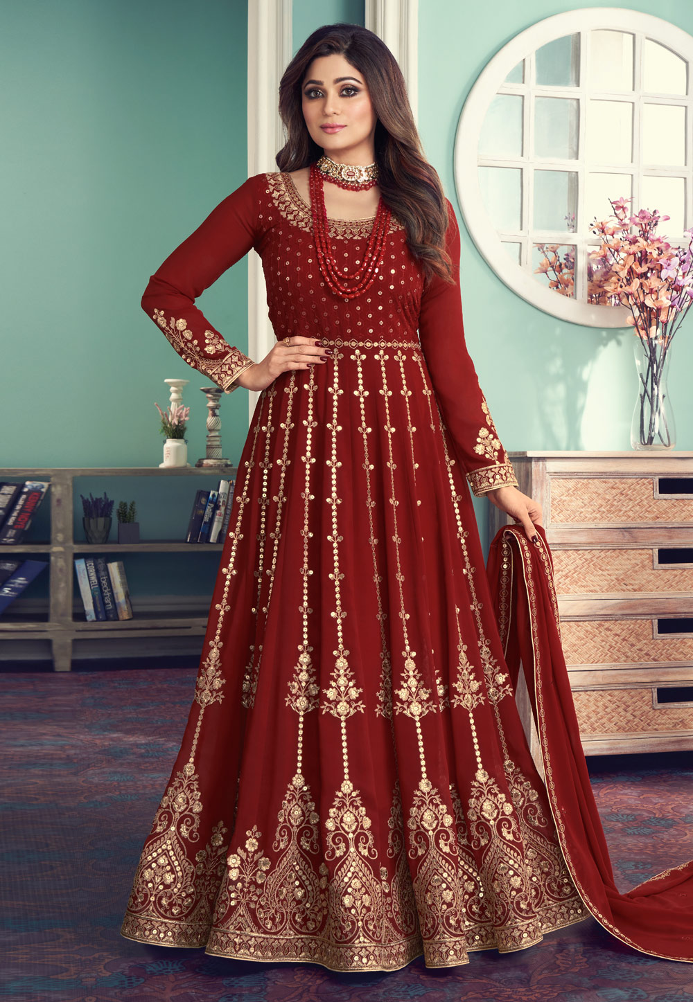 Shamita Shetty Maroon Georgette Bollywood Anarkali Suit 234387