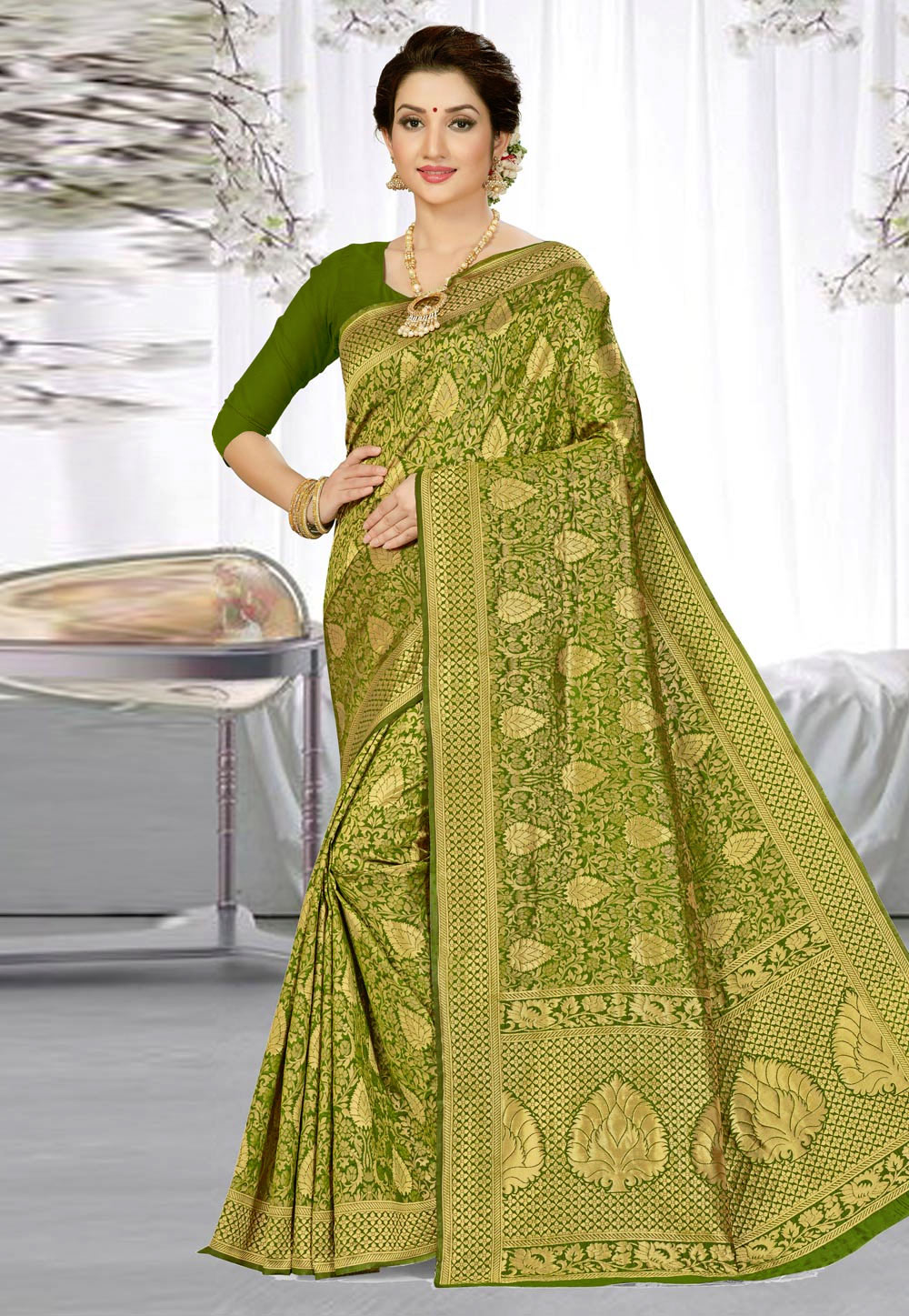 Green Banarasi Silk Saree With Blouse 220116