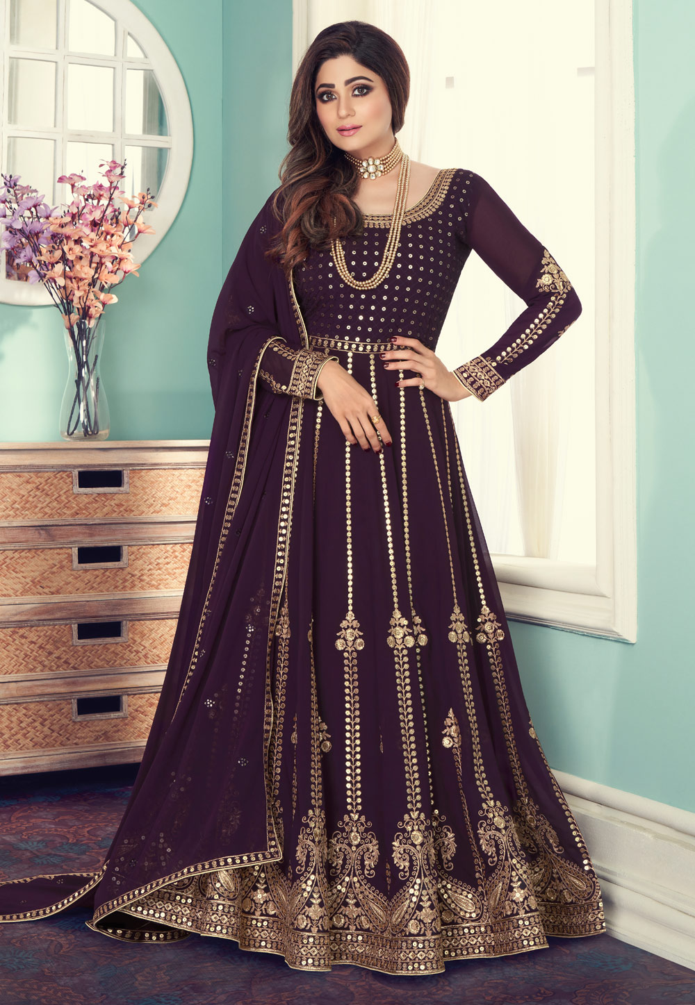 Shamita Shetty Purple Georgette Bollywood Anarkali Suit 234388