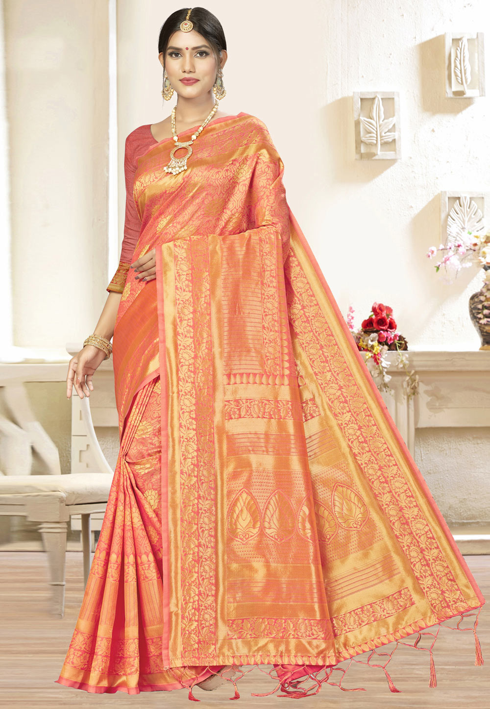 Peach Banarasi Silk Saree With Blouse 220163