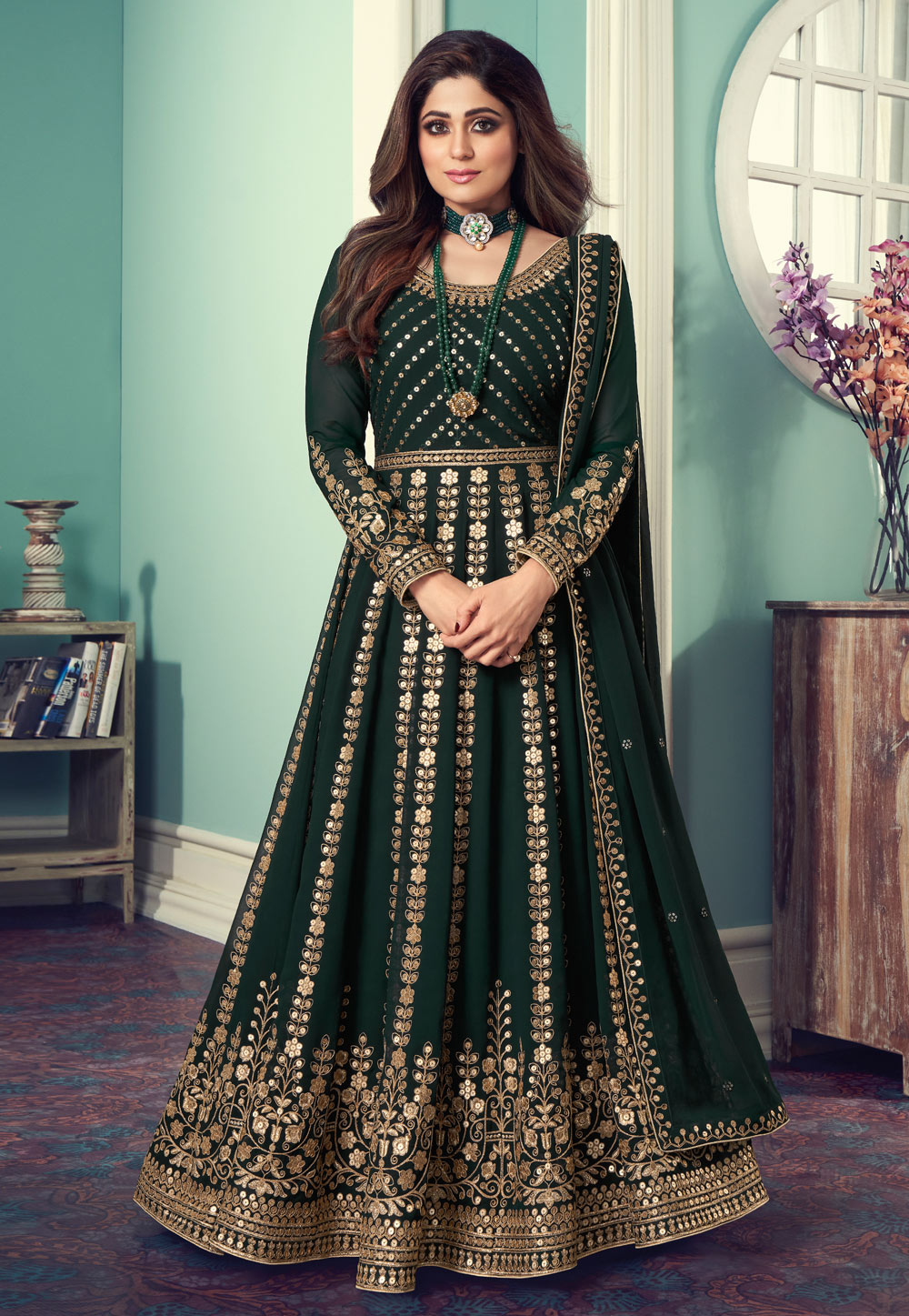 Shamita Shetty Green Georgette Bollywood Anarkali Suit 234391