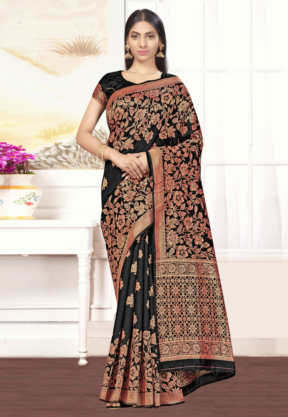 Black Banarasi Silk Saree With Blouse 236341