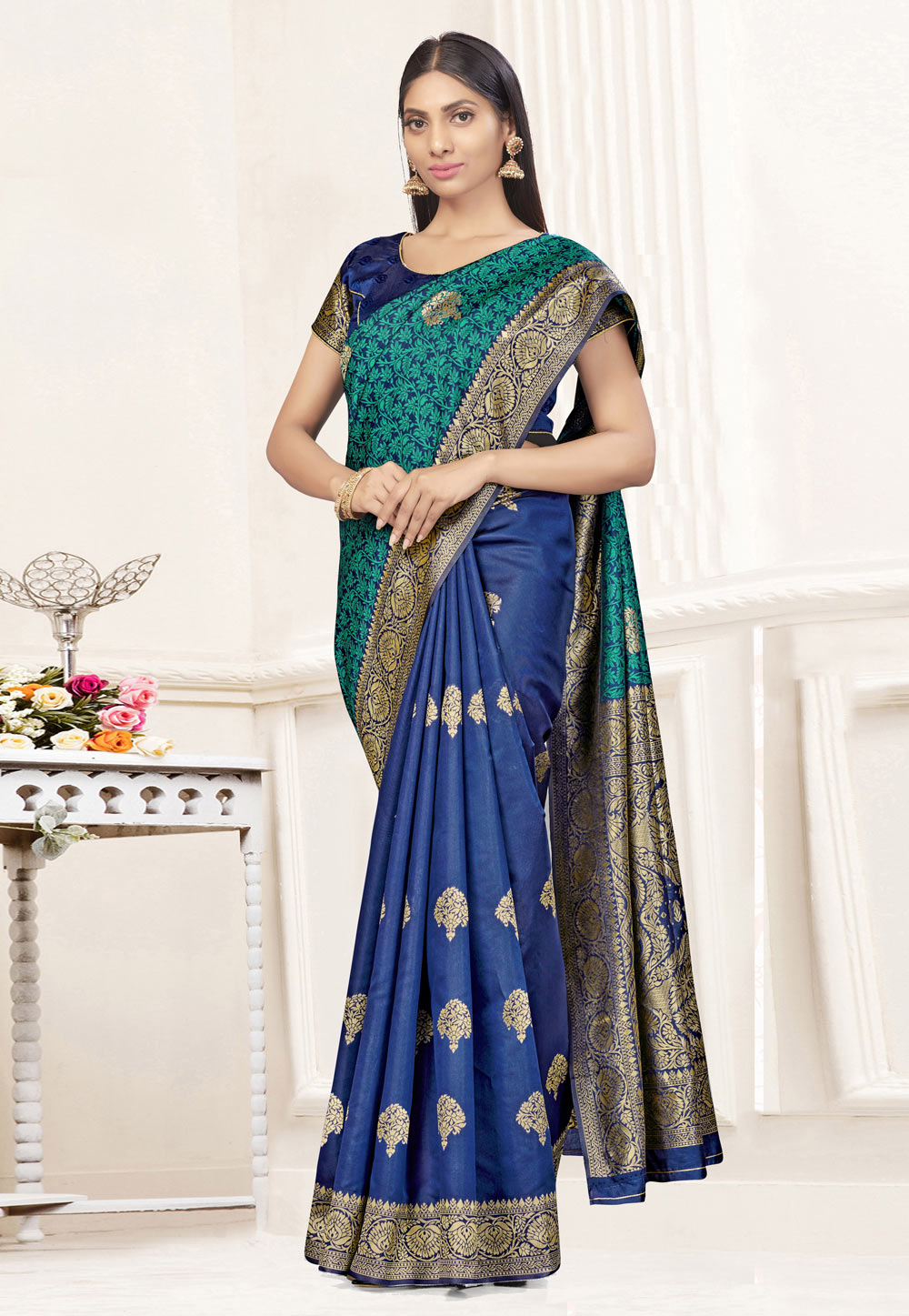 Sea Blue & Purple Half Saree Set - ANJU SHANKAR LABEL