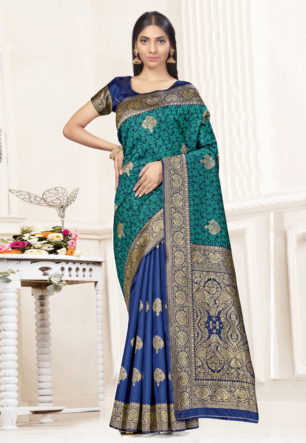 Blue Banarasi Silk Half N Half Saree 236343