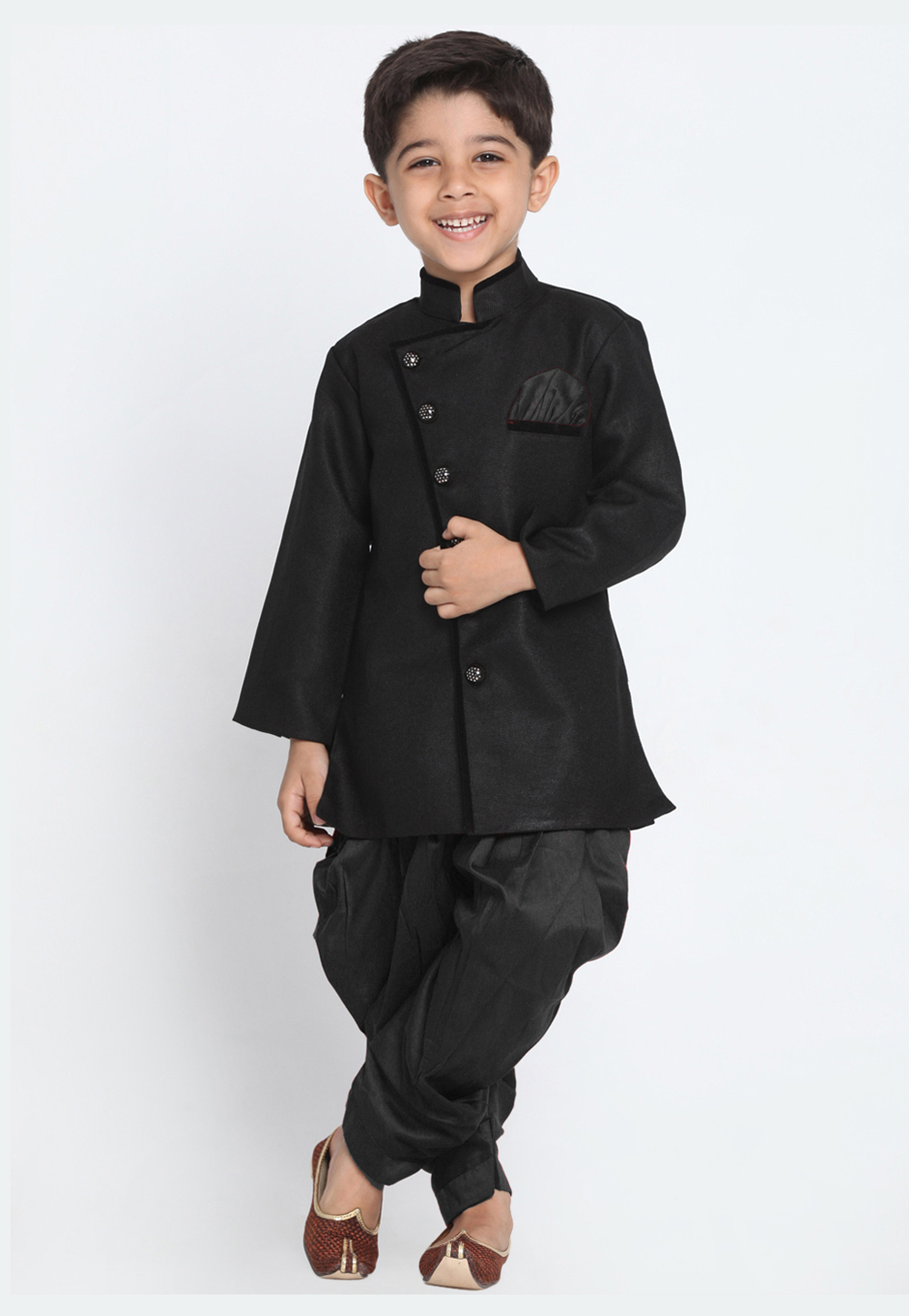 Black Dupion Silk Kids Indo Western Suit 216248