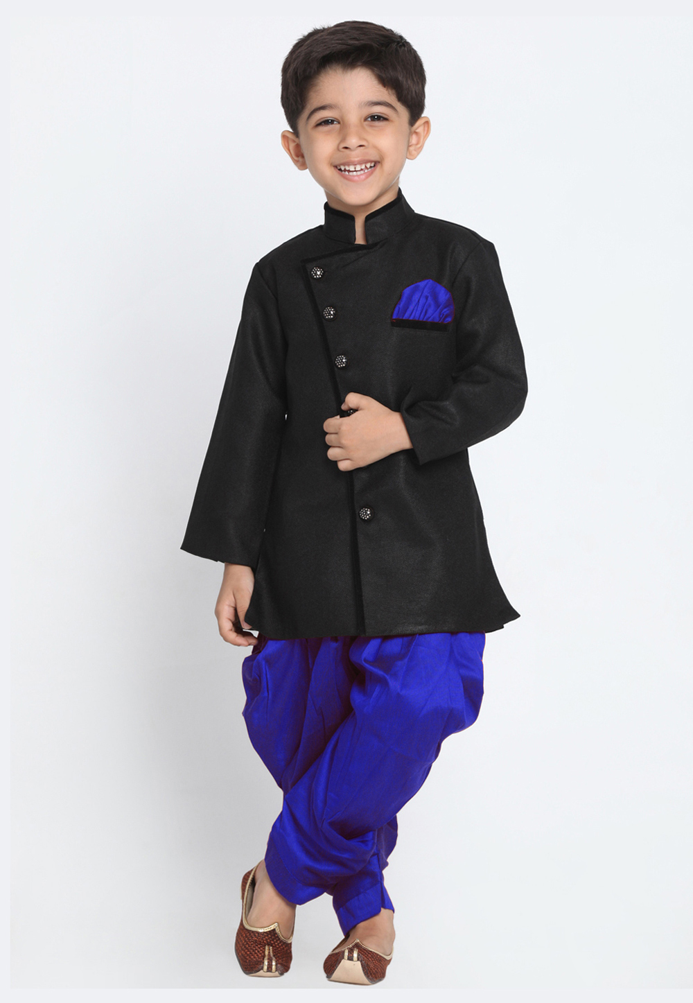 Black Dupion Silk Kids Indo Western Suit 216249