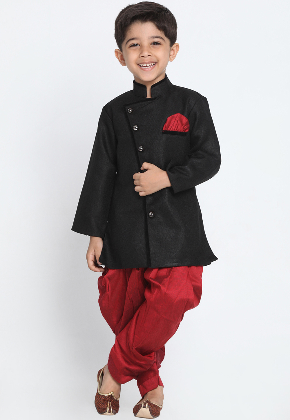 Black Dupion Silk Readymade Kids Indo Western Suit 201696