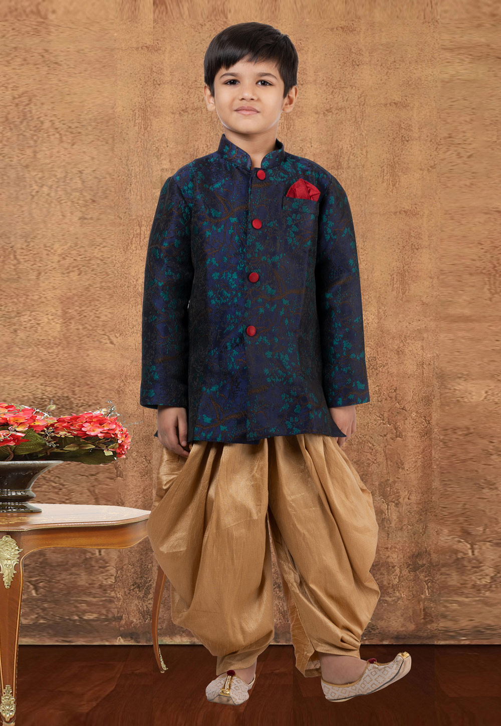 Navy Blue Jacquard Silk Kids Indo Western Suit 265231