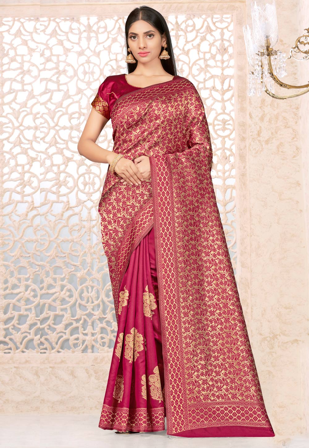 Magenta Banarasi Silk Saree With Blouse 220210