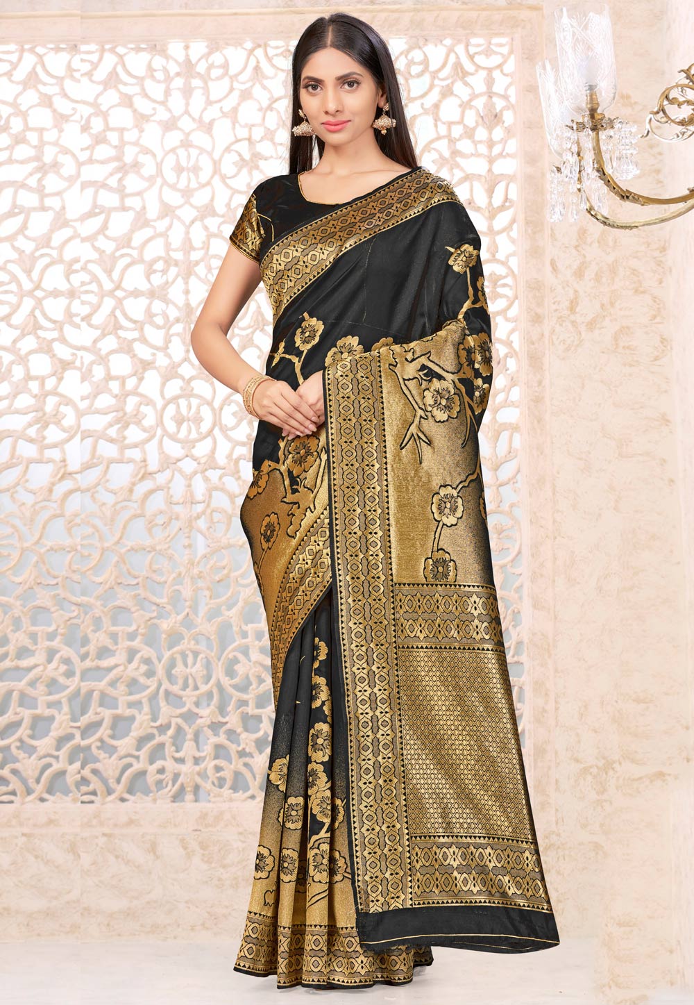Black Banarasi Silk Saree With Blouse 220214