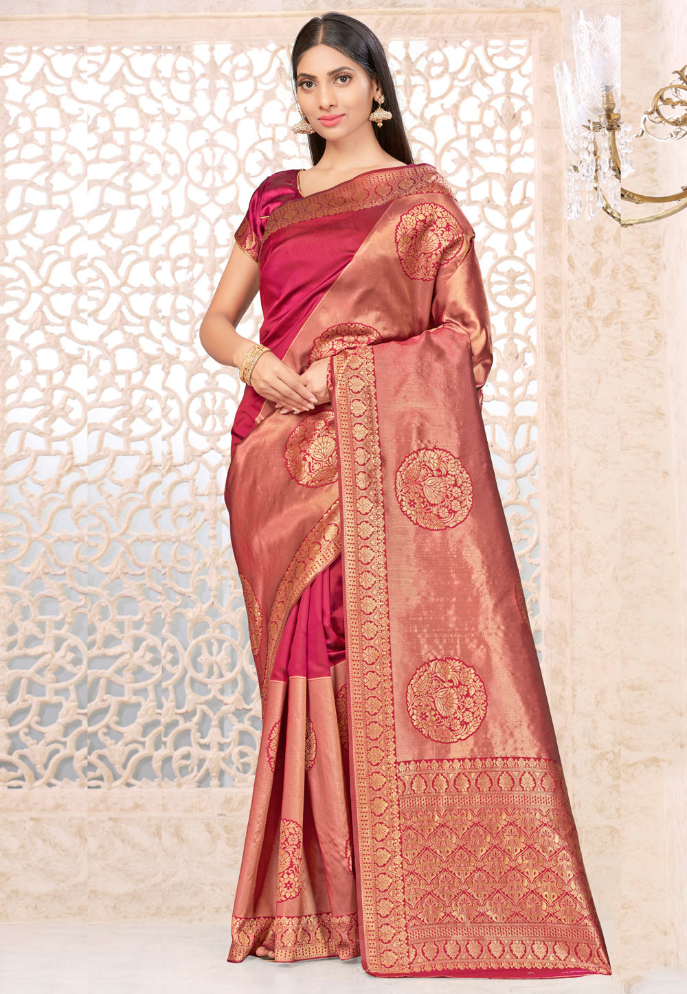 Pink Banarasi Silk Saree With Blouse 220218
