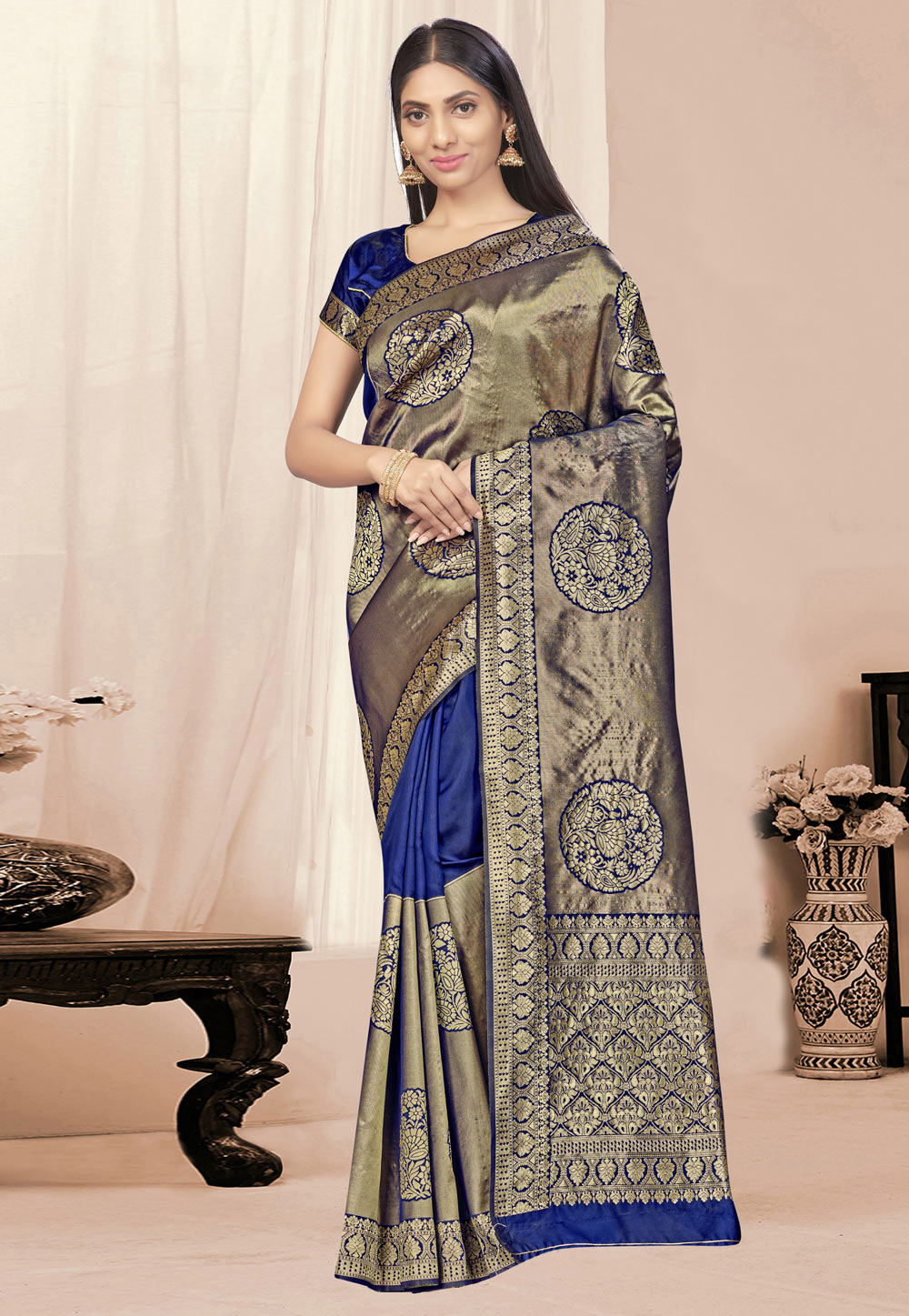 Blue Banarasi Silk Saree With Blouse 220219