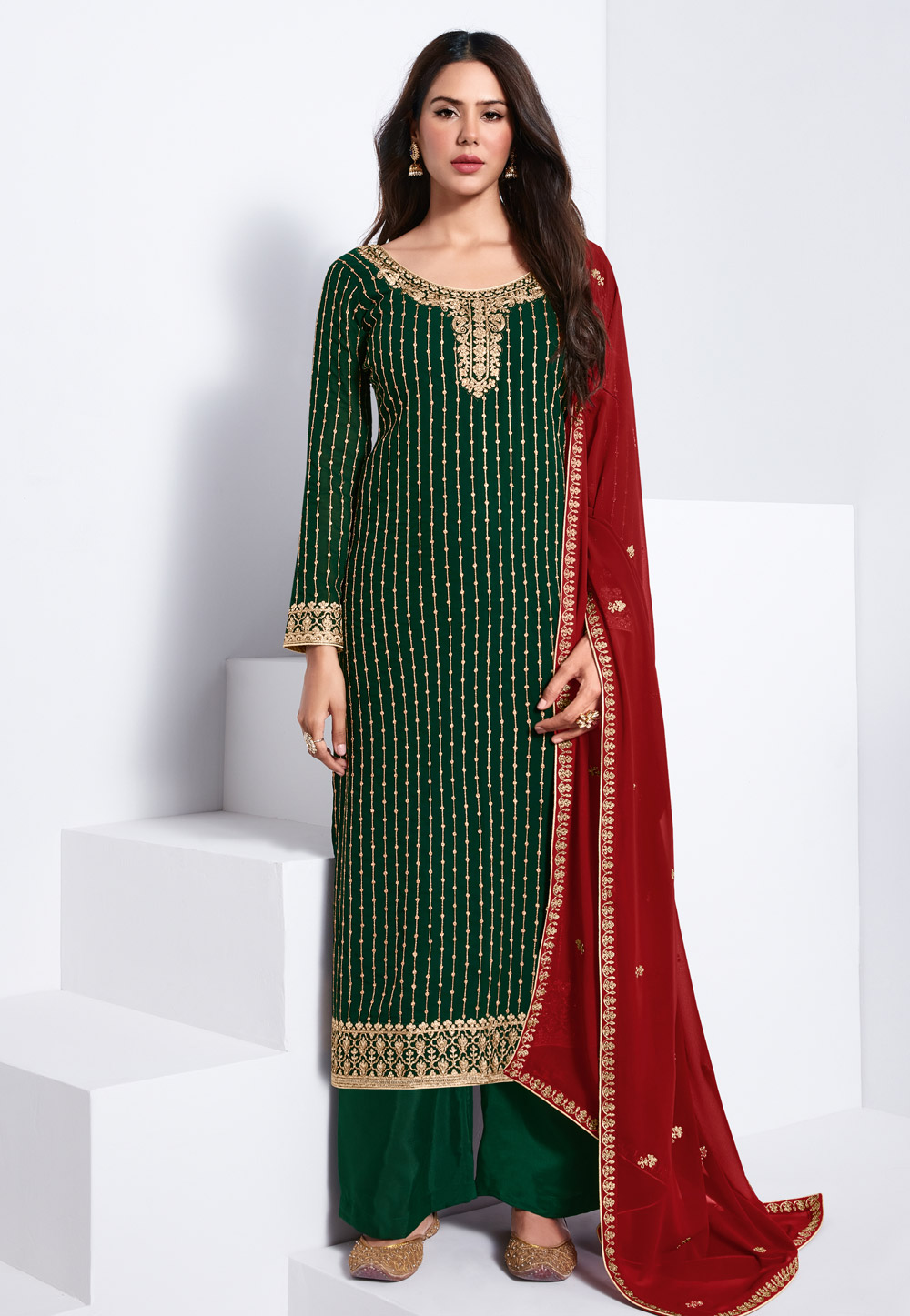 Green Georgette Kameez With Palazzo 237177