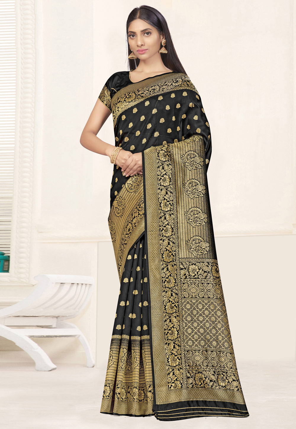 Black Banarasi Silk Saree With Blouse 220221