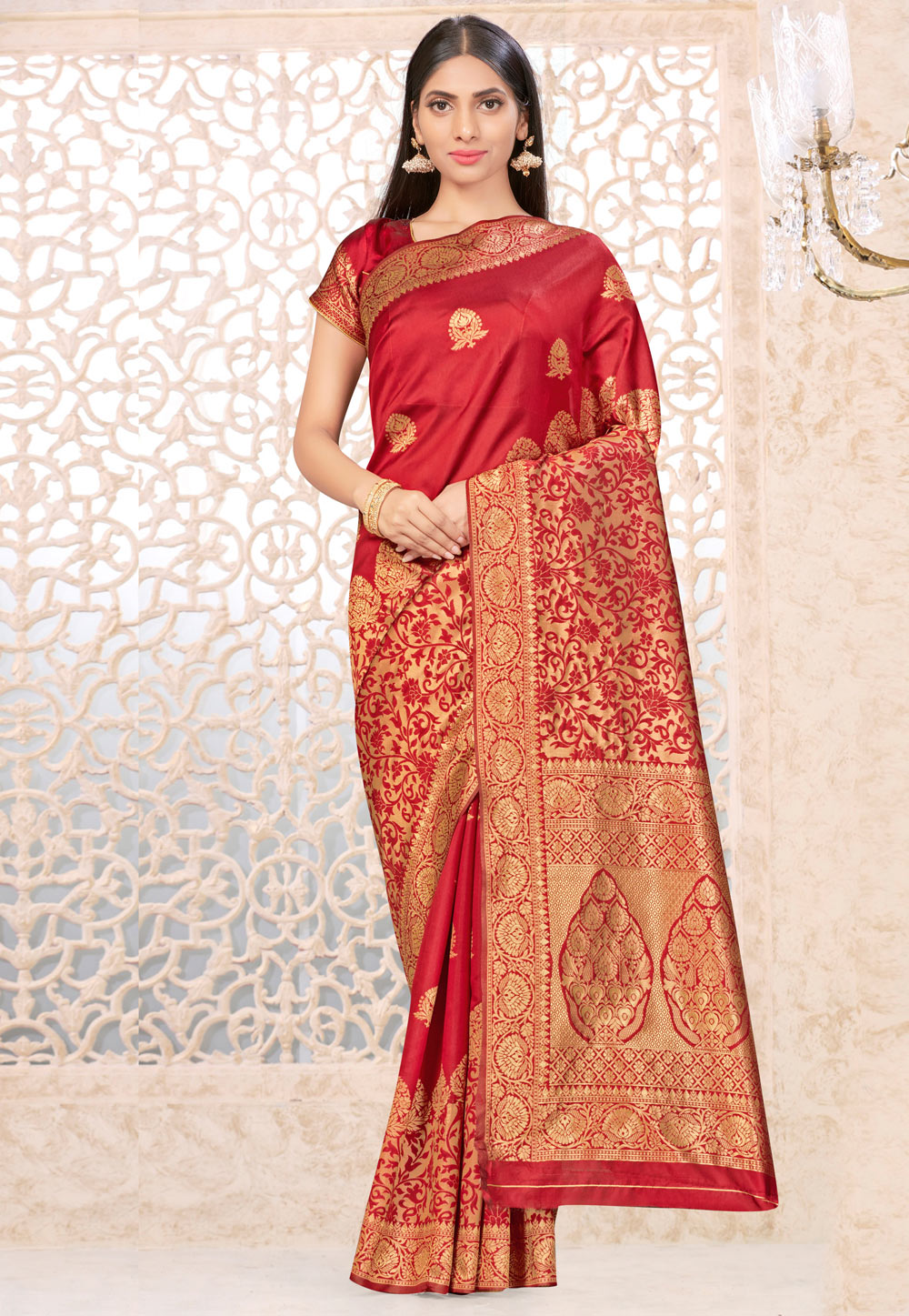Red Banarasi Silk Saree With Blouse 220224