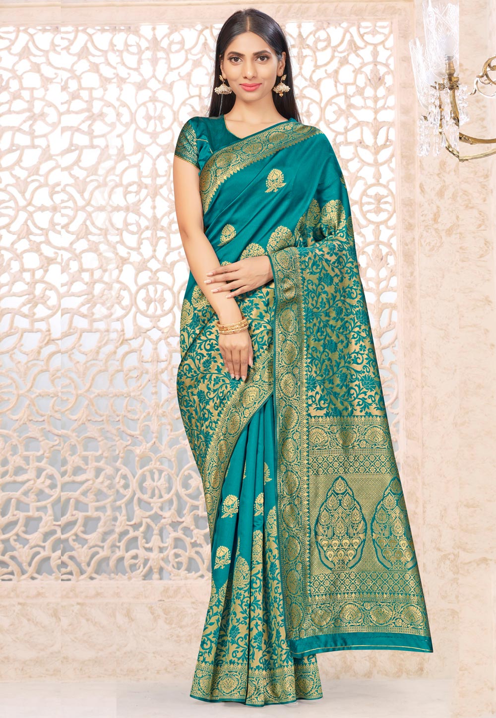 Turquoise Banarasi Silk Festival Wear Saree 220225
