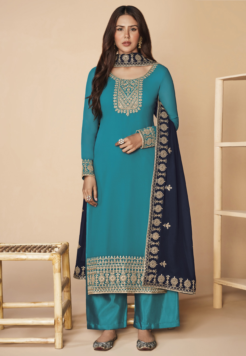Turquoise Georgette Palazzo Suit 234787