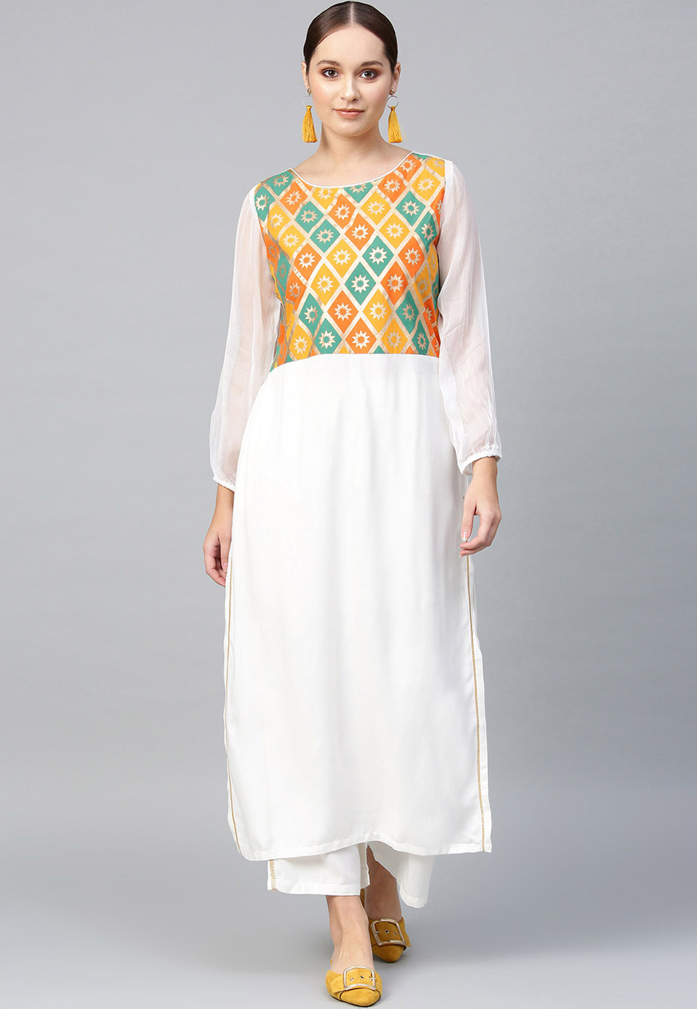 Off White Rayon Readymade Kameez With Palazzo 200077
