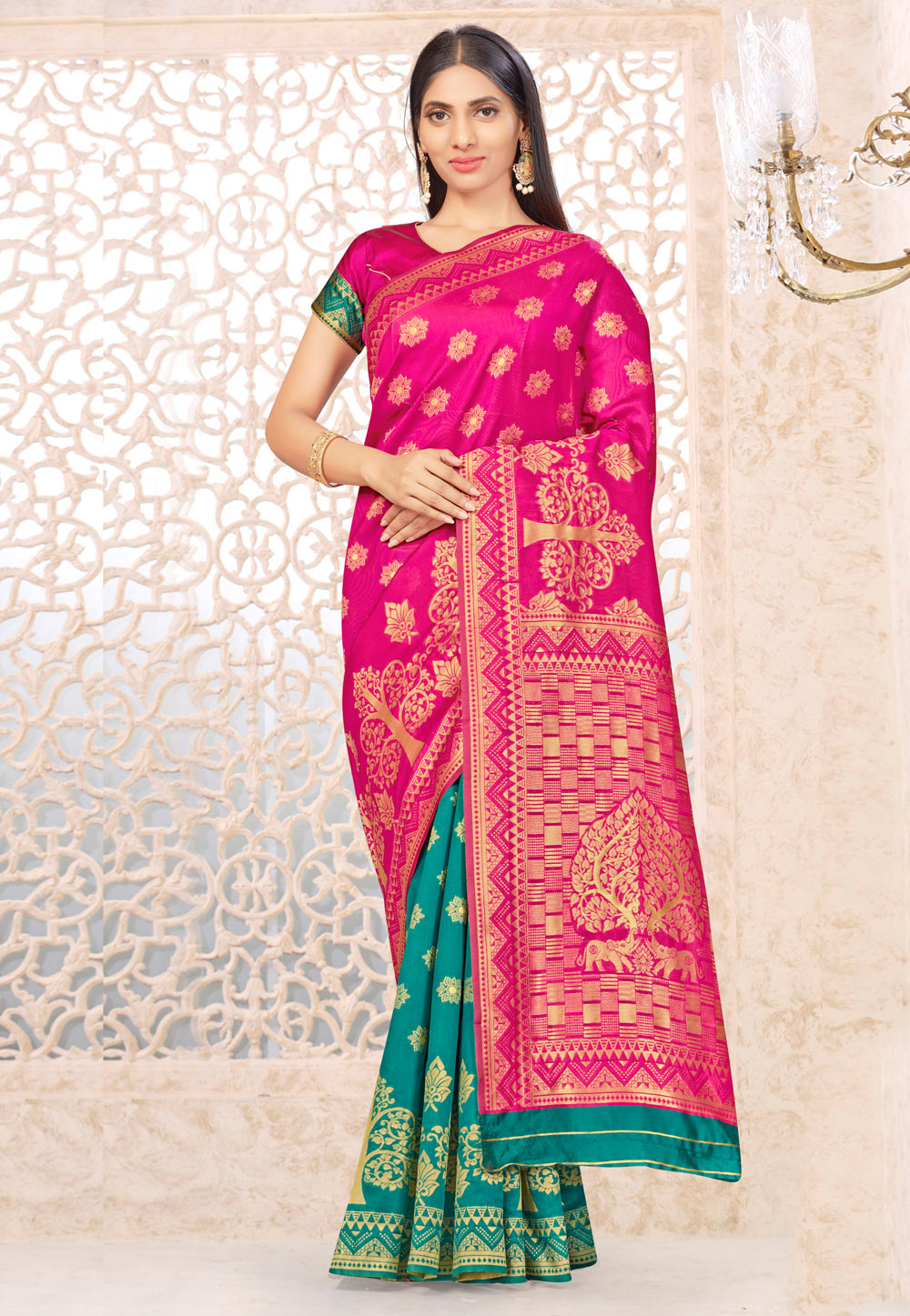 Magenta Banarasi Silk Half N Half Saree 220228