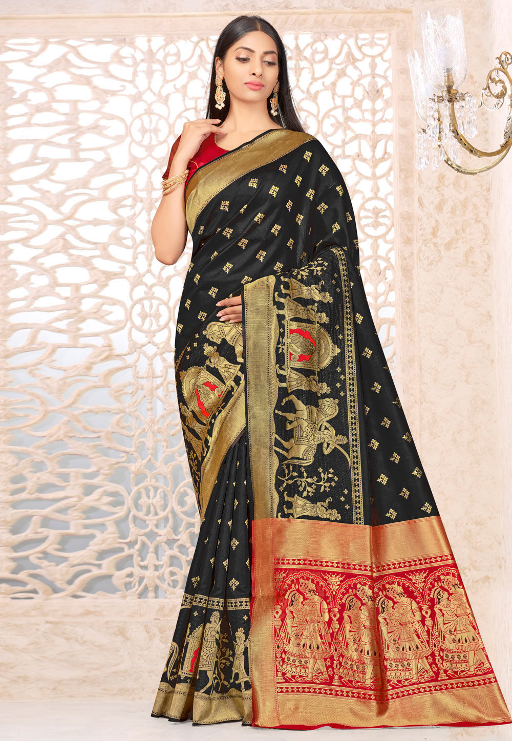 Black Banarasi Silk Saree With Blouse 226033