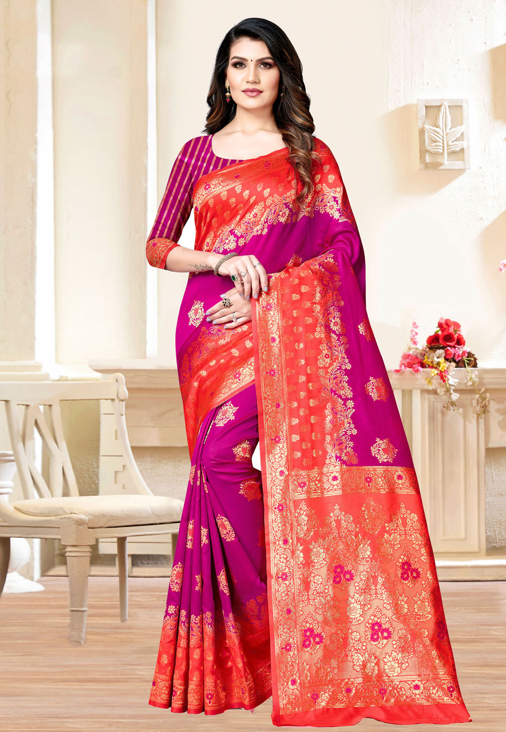 Magenta Banarasi Silk Saree With Blouse 236929