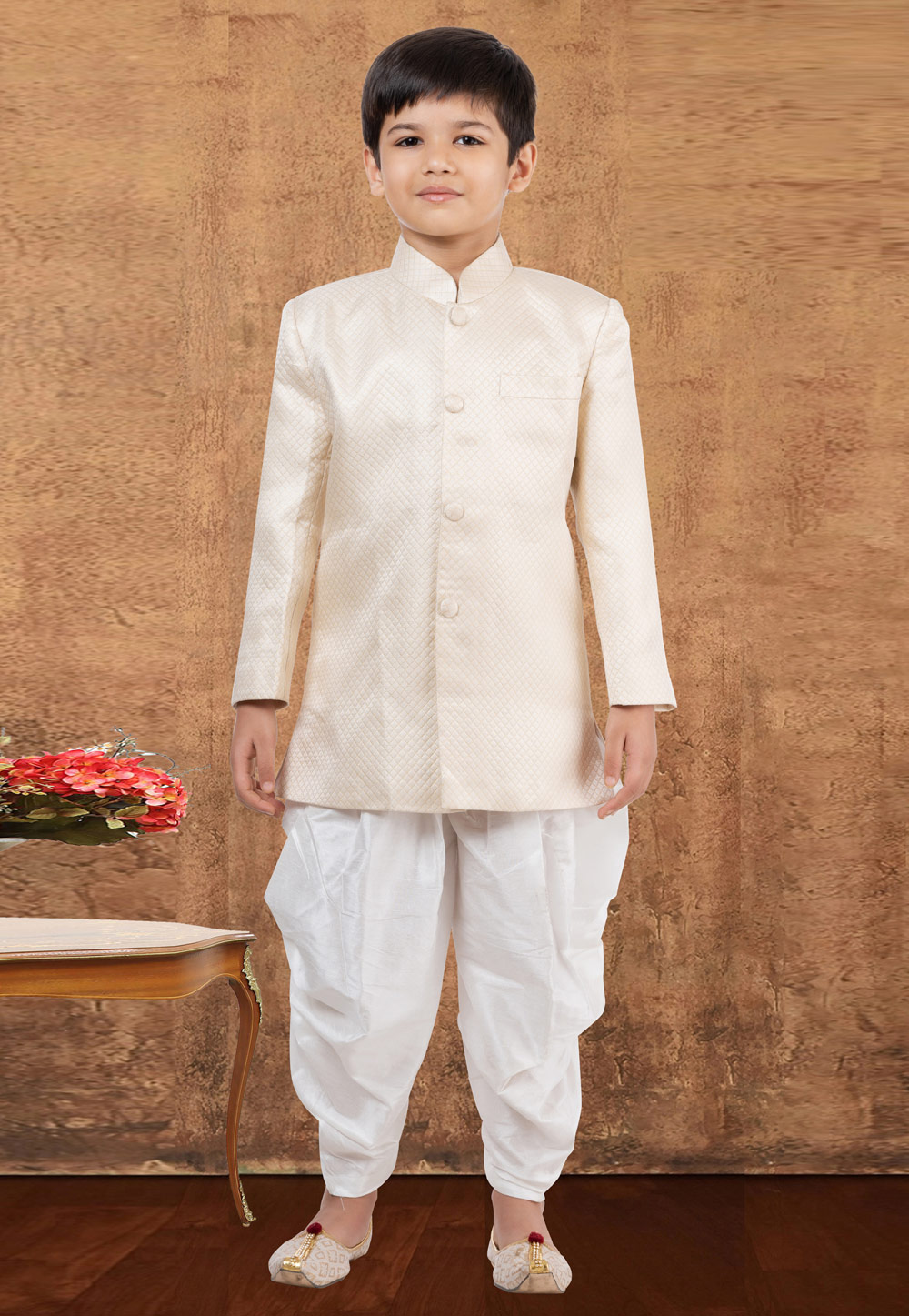 Cream Jacquard Silk Kids Indo Western Suit 265233
