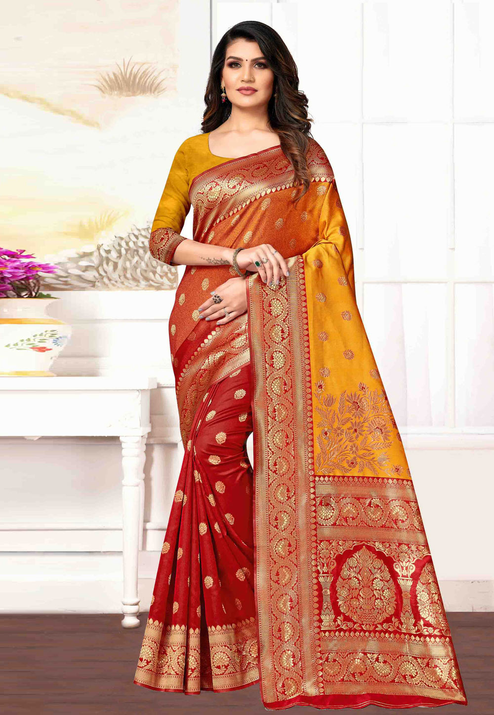 Red Banarasi Silk Saree With Blouse 230928