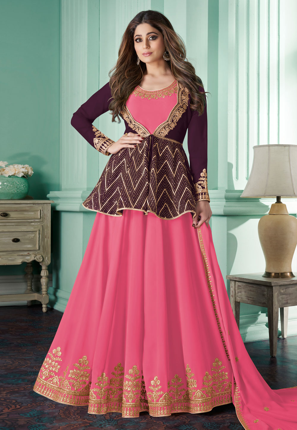 Shamita Shetty Pink Georgette Bollywood Anarkali Suit 235823