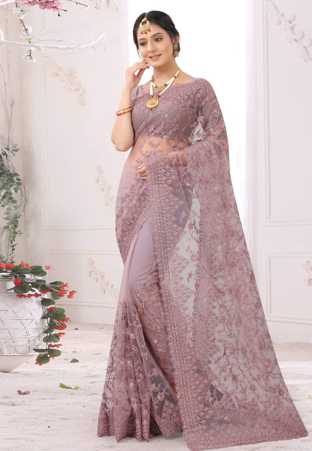 Light Purple Net Saree With Blouse 227236