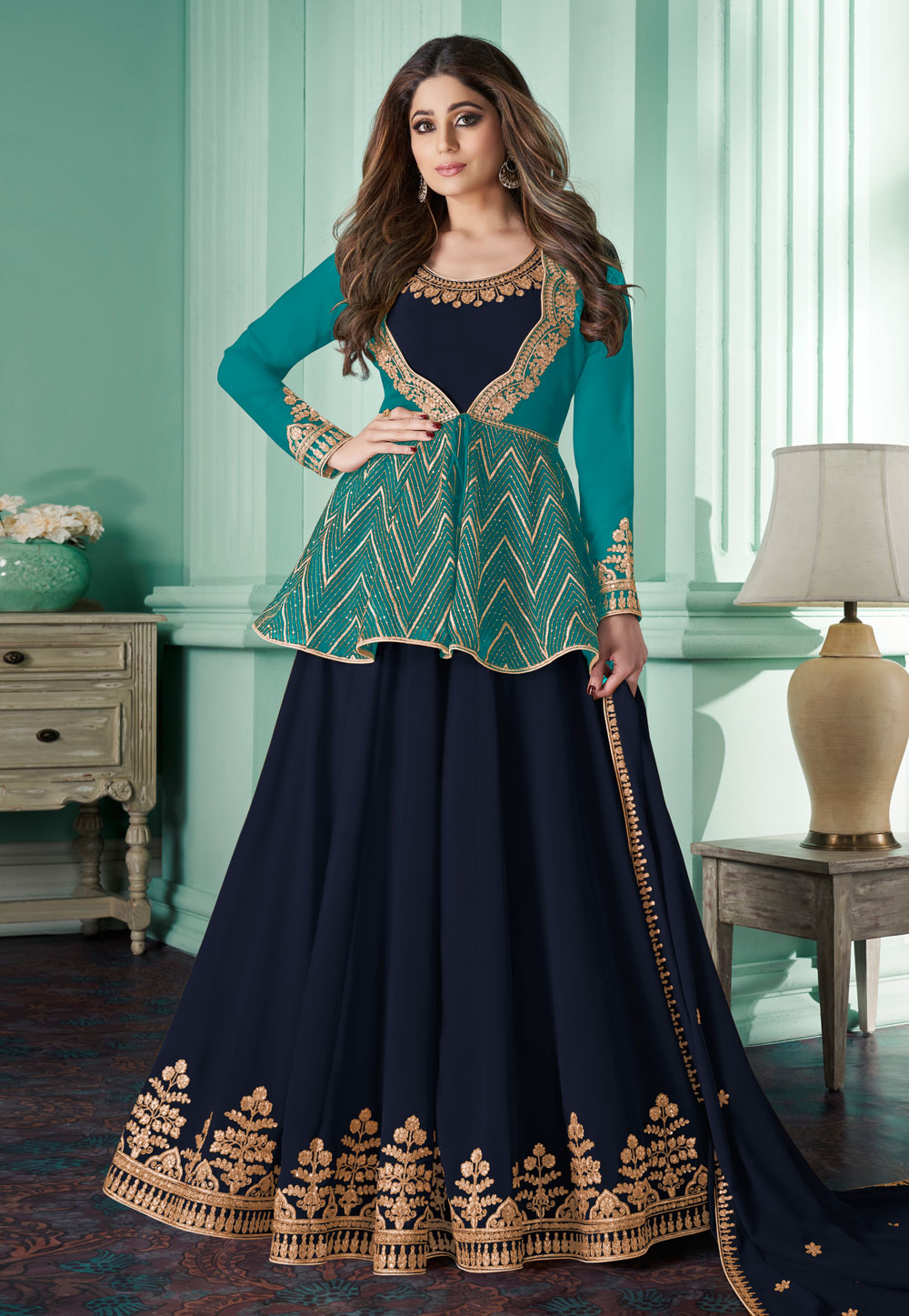Shamita Shetty Navy Blue Georgette Jacket Style Anarkali Suit 235825