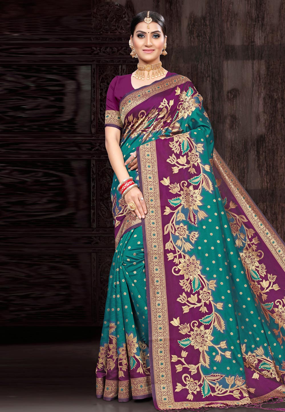 Teal Banarasi Silk Festival Wear Saree 219734