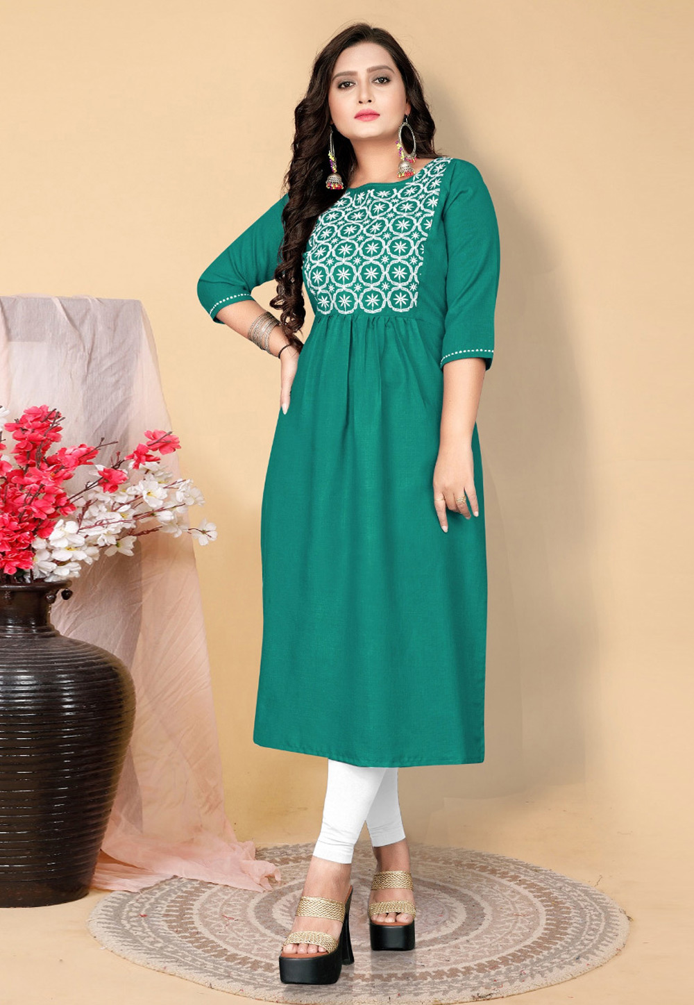 Buy 38/S-2 Size Green Plain Indian Kurti Tunic Online for Women in USA