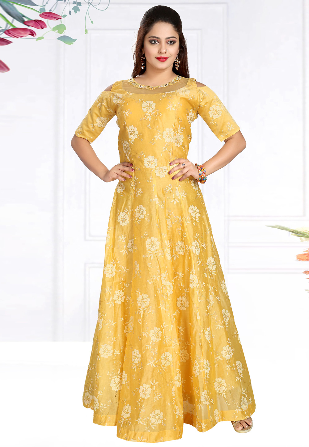 Yellow Chanderi Silk Readymade Gown 194203